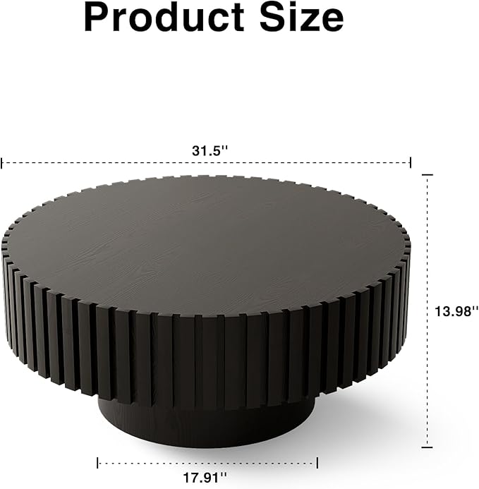 31.5" Round Drum Coffee Table, Modern Handcraft Fluted Drum Center Table, Wooden Round Coffee Table Center Table with Sturdy Pedestal for Living Room Apartment (Black)