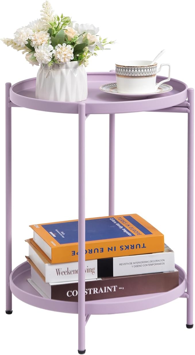 HollyHOME 2-Tier Round Side Table, Outdoor Small Folding Accent Stand with Removable Tray, Anti-Rust Metal Asional Table for Balcony Patio Living Room, Nightstand for Bedroom(Purple)