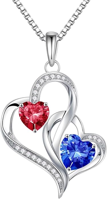 Iefil Christmas Gifts for Women - Double Heart Birthstone Necklace, 925 Sterling Silver Heart Pendant Necklace, Anniversary Birthday Gifts for Women | Personalized Jewelry Gift for Wife Mom Girlfriend
