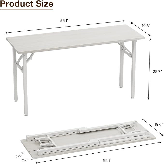 TEMI Long Computer Desk Folding Table - 55.1" Foldable Office Desk, No Assembly, Perfect Writing Table for Bedroom or Apartment, Portable Large Desk or Study Table with Compact Design, White Ash
