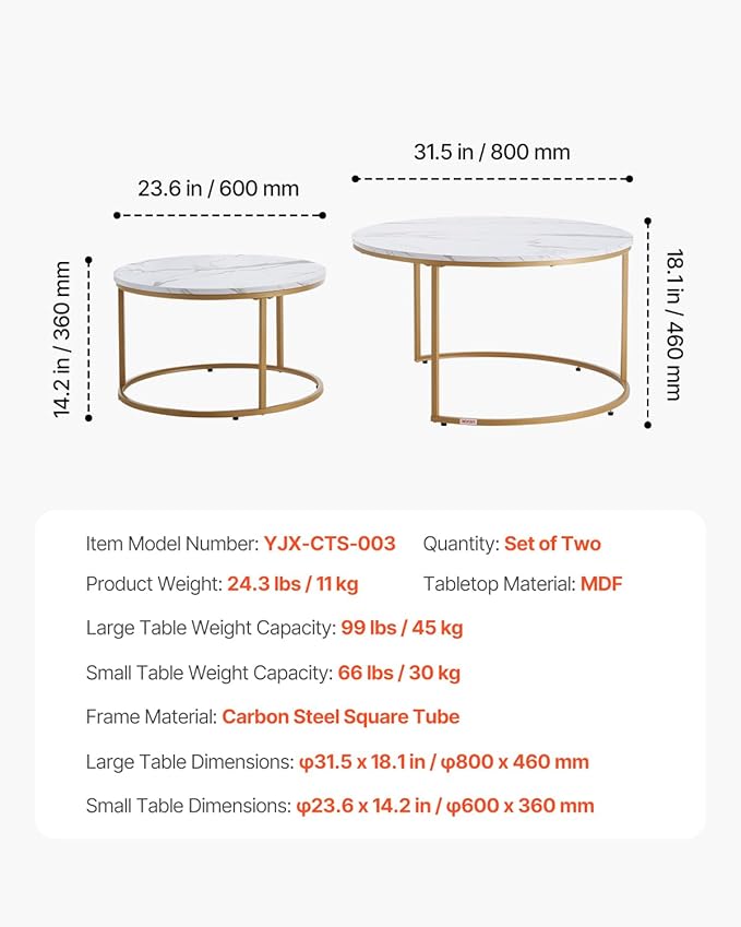 VEVOR Nesting Tables, Coffee Table Set of 2, 31.5 inch Round Coffee Table, Small Coffee Tables Night Stand with Metal Frame, for Living Room, Bedroom, Office (White & Gold)