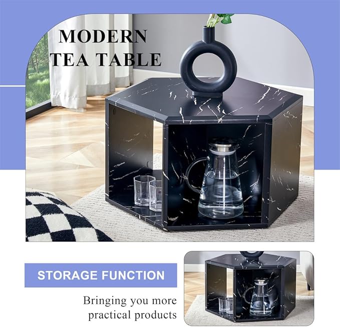 Side Table, Geometric End Table with Storage, Black Hexagon Table for Books, Decor & Drinks, Bedside Table for Small Spaces, No Assembly Required - Ready to Use