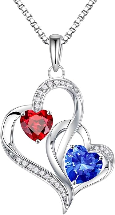 Iefil Christmas Gifts for Women - Double Heart Birthstone Necklace, 925 Sterling Silver Heart Pendant Necklace, Anniversary Birthday Gifts for Women | Personalized Jewelry Gift for Wife Mom Girlfriend