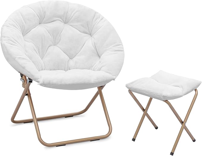 Athena Collection Modern White Faux Fur Saucer Chair with Ottoman, Foldable, Comfy Accent Chair for Bedroom, Living Room, Outdoor, 300lbs Weight Capacity