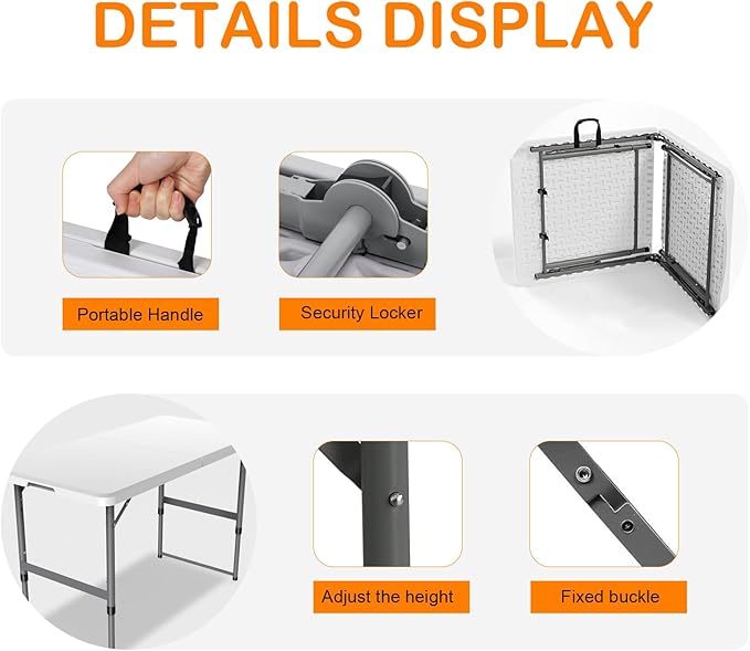 4FT（24" x 48"） Folding Table, Indoor Outdoor Heavy Duty Table with Carrying Handle,Placstic Fold up Table for Picnic, Party, Camping，Office - White (4FT)