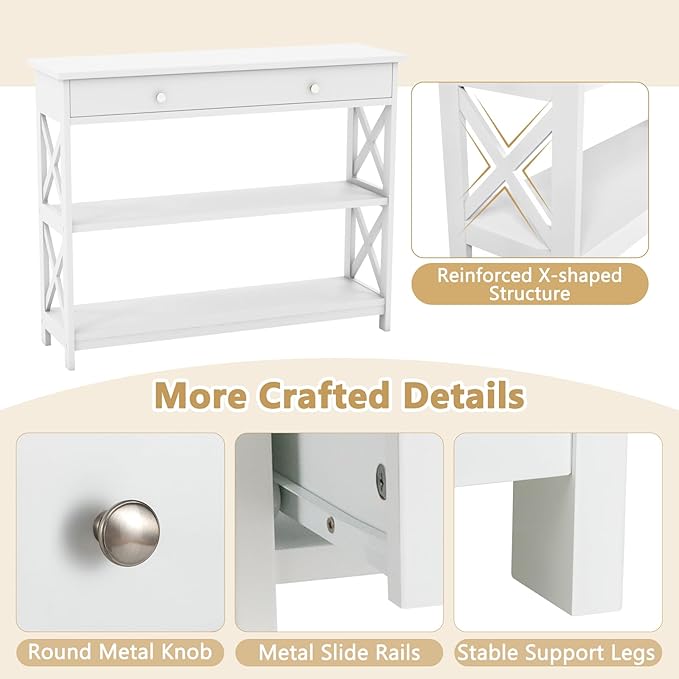 GOFLAME 39" Console Sofa Table with Drawers, 3-Tier Narrow Entry Table with Storage Shelves for Living Room Behind Couch, Entryway, Hallway (White)