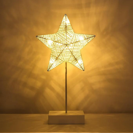 Lewondr Decorative Table Lamp, Christmas Star Night Lamp Winding Cotton Thread Warm LED Light Lamp for Bedroom, Battery Operated Lamp for Tables Cordless Xmas Home Romantic Bedside Table Lamp, White