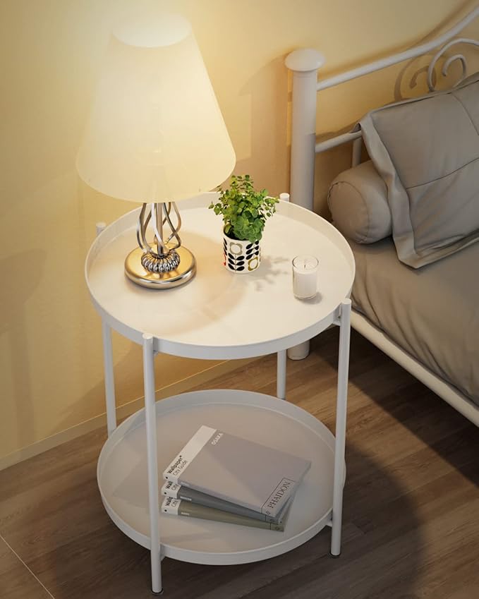 EKNITEY 2 Tier End Table - Metal Side Table Waterproof Small Sofa Coffee Side Tables Bedroom Indoor Outdoor with Removable Tray for Living Room Bedroom Balcony and Office (White)
