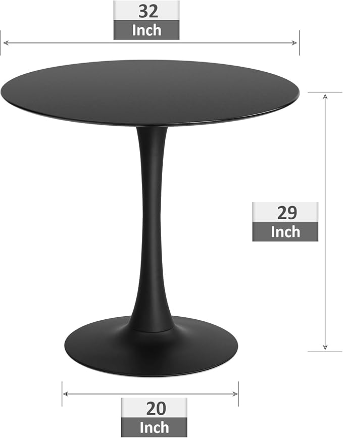 32" Small Round Dining Table/Tulip Table, Mid Century Modern Circle Dining Table with Pedestal Base for 2 to 4 Person (Black)