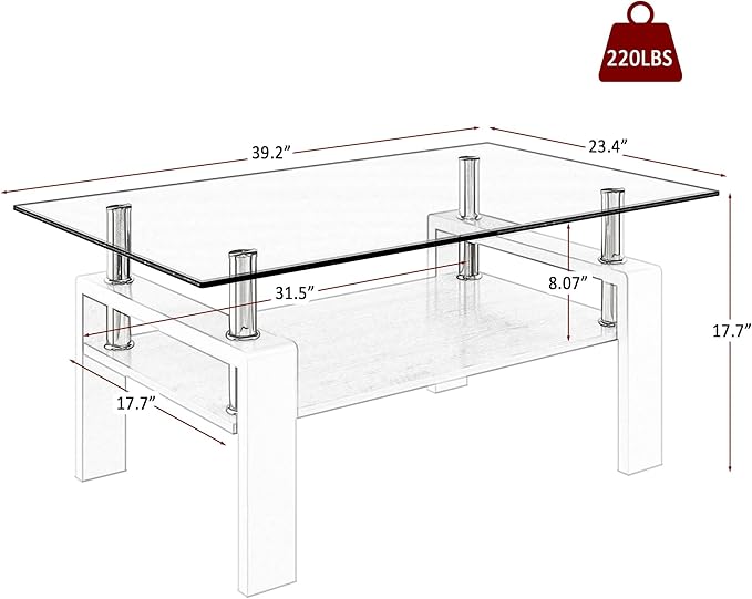 Coffee Table for Living Room, Modern Rectangle Tempered Glass Center Table with MDF Storage Shelf, 220lbs Load-Bearing for Small Space, Apartment, Office (Gray + White + Tempered Glass)