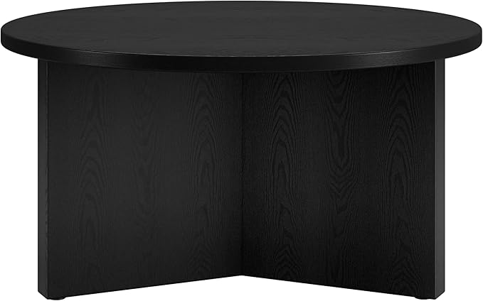 Henn&Hart 32" Round Wood Pedestal Coffee Table for Living Room, Family Room, Office, or Apartment, Black Grain