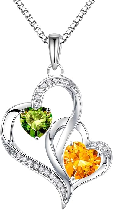Iefil Christmas Gifts for Women - Double Heart Birthstone Necklace, 925 Sterling Silver Heart Pendant Necklace, Anniversary Birthday Gifts for Women | Personalized Jewelry Gift for Wife Mom Girlfriend