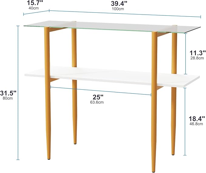 Glass Sofa Table, Mid-Century Modern Entryway Table with Tempered Glass & Golden Legs, 2-Tier Behind Couch Table for Living Room Hallway Entrance, White