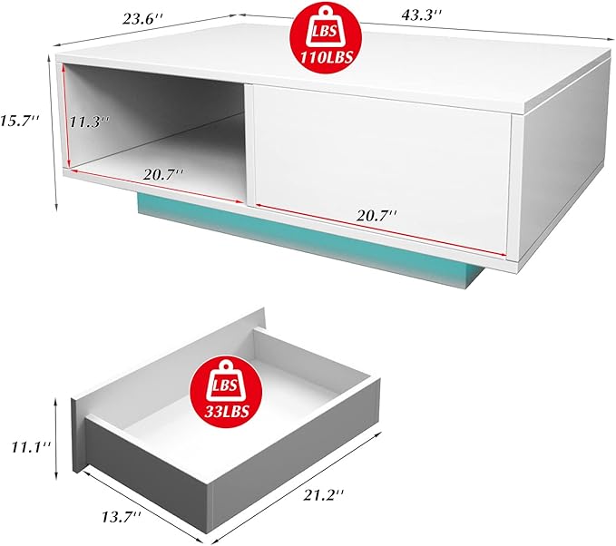 COSVALVE Modern White LED Coffee Tables for Living Room with Drawer & 16-Color LED Lights, Rectangle Living Room Sofa Table with Ample Storage Space(23.6" D x 43.3" W x 15.7" H)