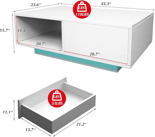COSVALVE Modern White LED Coffee Tables for Living Room with Drawer & 16-Color LED Lights, Rectangle Living Room Sofa Table with Ample Storage Space(23.6" D x 43.3" W x 15.7" H)