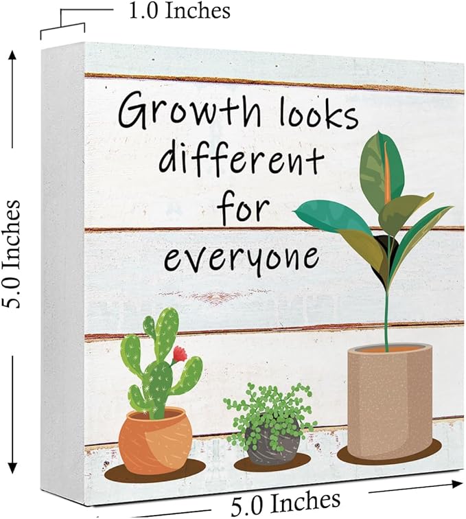 LVQHI Inspirational Wood Block Sign,Growth Looks Different for Everyone Plant Motivational Wooden Block Sign for Home Bedroom Office Desk Table Decor,Inspirational Cheer Up Gift for Coworker Wood
