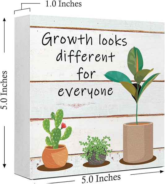 LVQHI Inspirational Wood Block Sign,Growth Looks Different for Everyone Plant Motivational Wooden Block Sign for Home Bedroom Office Desk Table Decor,Inspirational Cheer Up Gift for Coworker Wood