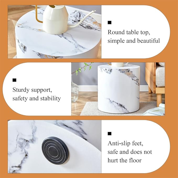 Round Side Table, End Table Living Room Tables, Faux Marble Sofa Couch Tables, Bedside Table Nightstand for Small Spaces, Bedroom