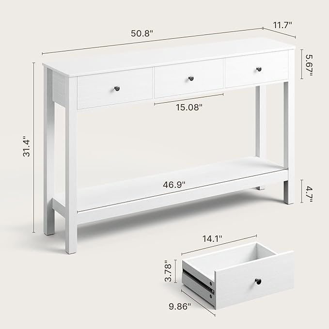 Gizoon Sofa Table with Drawers, Modern Accent Console Table with Open Shelf, Large Storage Space, for Living Room, Front Hall, Entrance Hall, Study Room, White