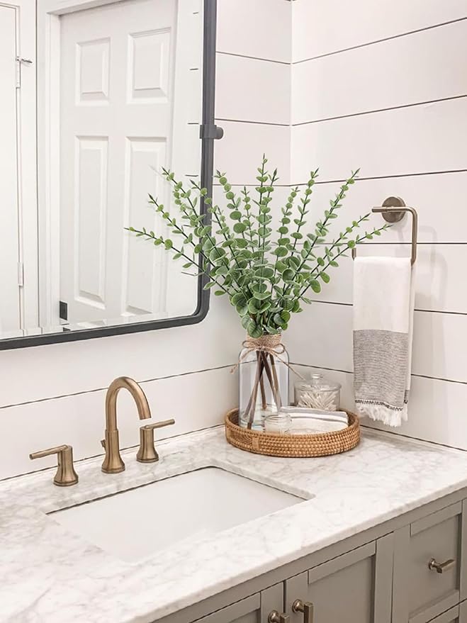 Artificial Eucalyptus Stems in Glass Vase with Faux Water，16.54" Fake Plants for Home Decor, Coffee Table Centerpieces, Office, Bathroom & Farmhouse Weddings - Faux Greenery Plants Decorations