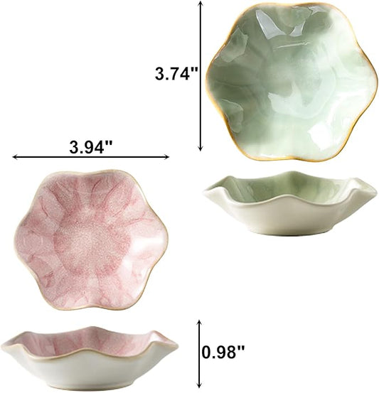 2Pcs Ceramic Jewelry Dish - Lotus Leaf Shape, for Ring Holder Necklace Small Key, Suitable for Mother Friend Sister, Gifts for Women, Cute Plate Trinket Tray, Home Decor (Pink & Green)