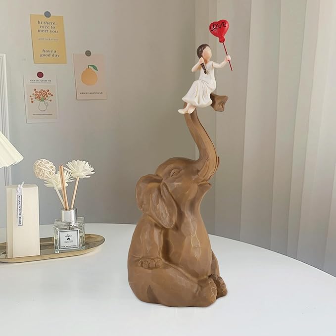 Elephant Statue Home Decor - Handmade Resin Sculpture Girl with Love Balloon Sitting on Elephant Figurines, Gifts for Women Girl Birthday (Brown)