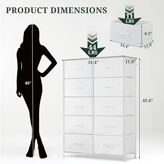 10-Drawer Dresser for Bedroom, Anti-Tip Tall Storage Organizer Chest of Drawers with Wooden Top and Metal Frame Fabric Bins for Closet, Living Room, Hallway, Entryway, White