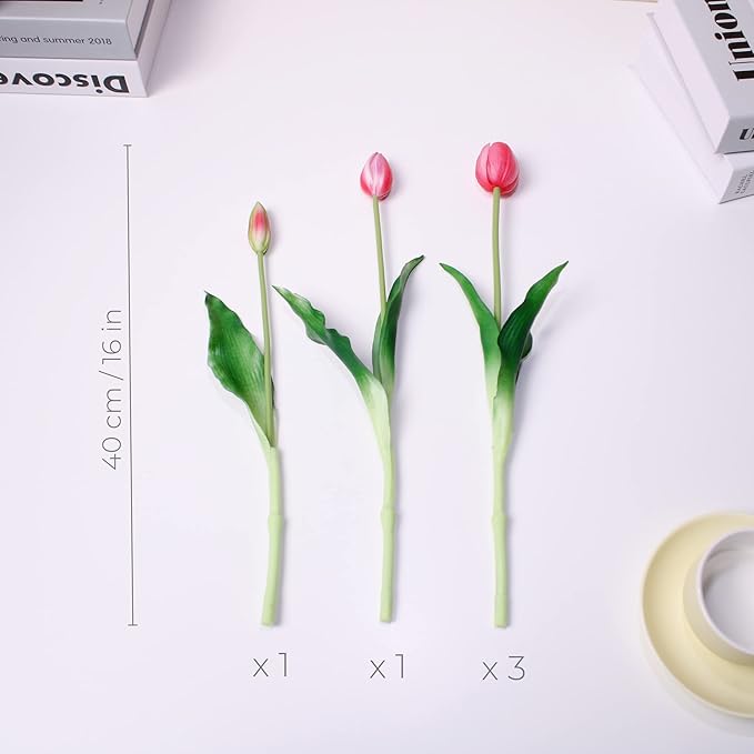 16-inch Premium Real Touch Fake Tulips, Artificial Flowers with Buds, Flexible Stem Easy to Shape, Faux Tulips (Vase not Included), 5-Pack Set of Vibrant Pink