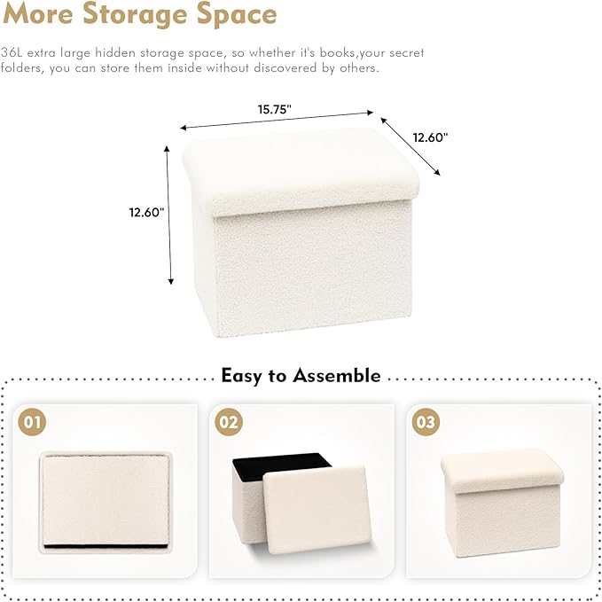 B FSOBEIIALEO Storage Ottoman Cube Small Sherpa Ottoman Foot Rest, Foldable Portable Boucle Ottomans, Faux Teddy Fur, Cream White 16.5"x12.6"x12.6"