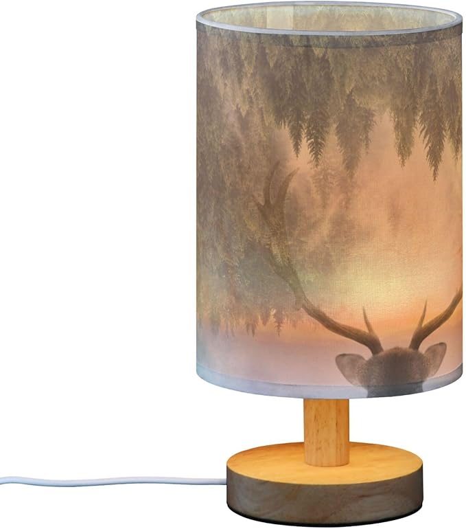 Table Lamp Antler Deer Nightstand Lamp with Wood Base Fabric Lamp Shade Bedside Desk Lamp for Living Room Bedroom Kids Room Office
