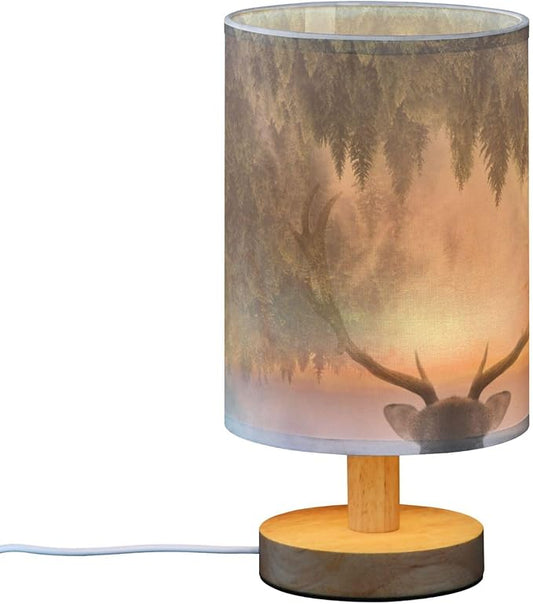 Table Lamp Antler Deer Nightstand Lamp with Wood Base Fabric Lamp Shade Bedside Desk Lamp for Living Room Bedroom Kids Room Office
