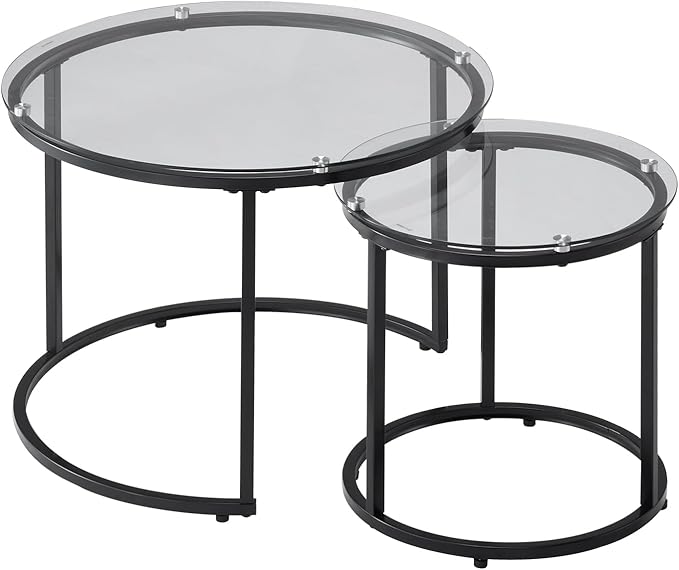 VEVOR Nesting Tables, Glass Coffee Table Set of 2, 23.6 inch Round Coffee Table, Small Coffee Tables Night Stand with Metal Frame, for Living Room, Bedroom, Office