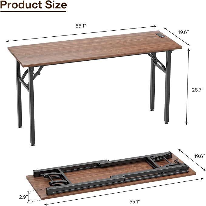 TEMI Long Computer Desk Folding Table - No Assembly, Compact 55.1" Foldable Desk with Power Outlets & USB Charging Port, Portable Lagre Office Desk, Ideal Large Study Table for Narrow Spaces, Walunt