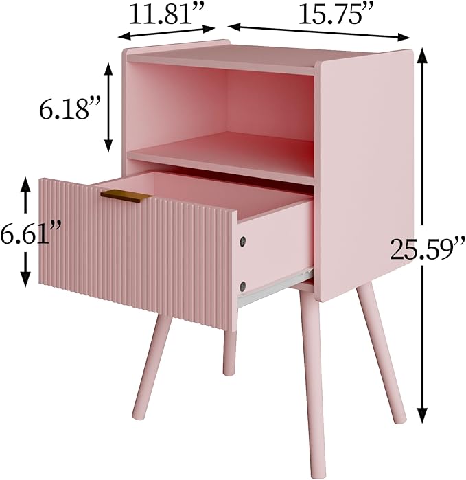 Nightstand,Modern Bedside Table with Storage Drawer and Open Wood Shelf, Accent Night Stand with Solid Wood Legs for Living Room, Bedroom and Small Spaces,Easy Assembly (Pink)