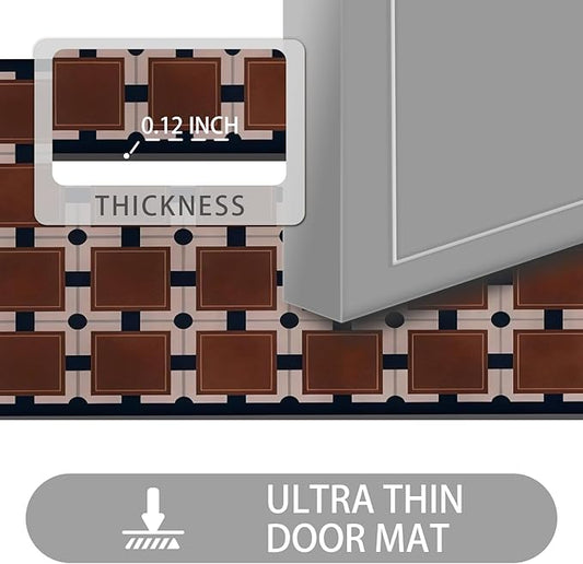 Ultra Thin Door Mat Indoor Entrance, 1/10 in Thin Door Mats for Inside Entry, Non-Slip Rubber Backing Washable Doormat, Fade Resistant, Absorbent, Low Profile Dirt Trapper, 30"X17",Brown Checkered
