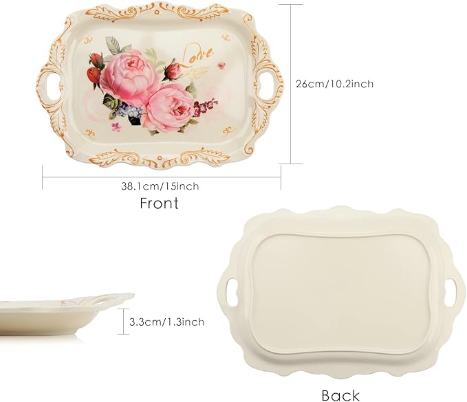 Art Trays Melamine Serving Tray, 3 Pack Stackable Food Tray, Large Platter with Handle for Eating, Unbreakable Large Serving Platter with Floral Print (15 x 10.2 x 1.3 Inches)
