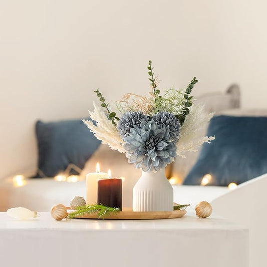 Mkono Small Artificial Flowers in Ceramic Vase 13.5" Centerpieces Coffee Table Decor, Silk Flower Arrangements for Home Decor Indoor Fake Flower Bouquet for Bathroom Dining Room Kitchen Wedding Blue