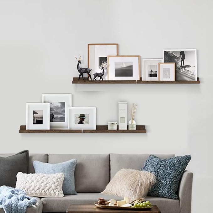 Forbena 24 Inch Rustic Picture Ledge Shelf Set of 4, Wooden Floating Shelves with Lip for Wall, Wide Farmhouse Hanging Photo Ledge Shelves for Bedroom Living Room Books (Solid Wood, Dark Brown)