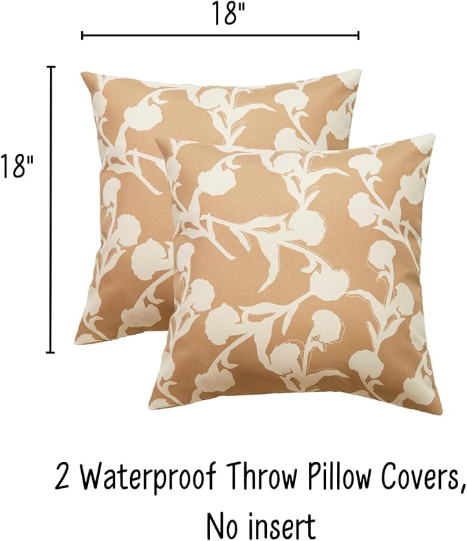 Mantle & Mason Floral Outdoor Pillows Waterproof for Patio Furniture 18x18 Set of 2 Tan Decorative Pillow Covers for Couch Porch Chair Bench Reversable Chinoiserie Home Decor Pillow Cases