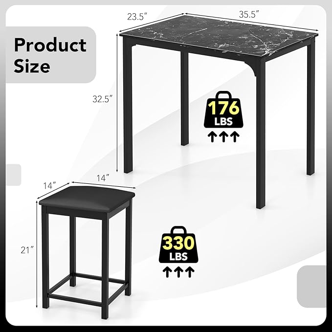 Giantex Dining Table Set for 2, Counter Height Bar Table with Faux Marble Pattern Tabletop, 2 Padded Bar Stools, Footrests, Metal Frame, Dinette Set for Kitchen Small Space Breakfast Nook Pub, Black