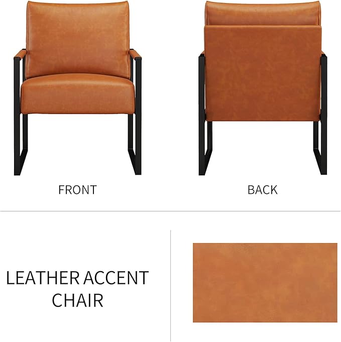 CANMOV Modern Accent Chair Set of 2, PU Leather Armchair with Metal Frame,Comfy Single Reading Chair with Soft Padded Backrest and Cushion for Living Room, Bedroom,Reading Room,Office,Brown