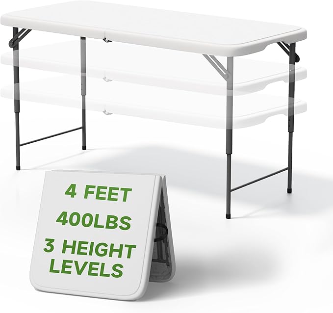 Folding Table 4 Foot - 3-Position Adjustable Height, Heavy Duty 400 lbs Capacity - Portable Tables Folding for Camping, Party, Indoor & Outdoor Use, 10 Pack