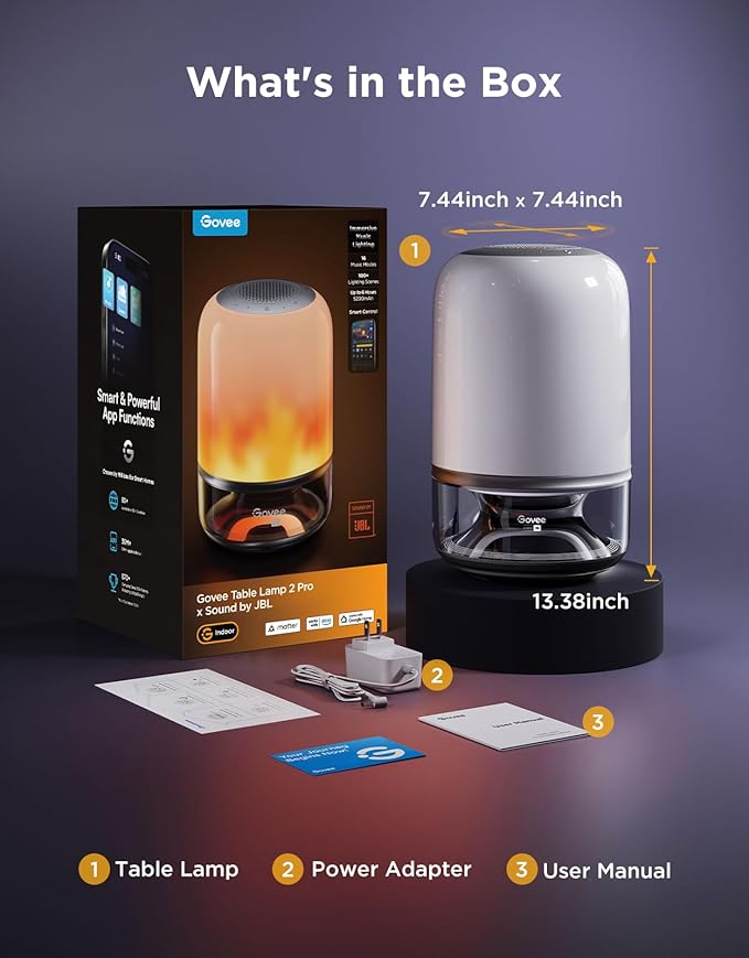 Govee Table Lamp 2 Pro x Sound by JBL, Smart Cordless Table Lamp with Speaker, Music-Light Sync, 16 Music Modes & 100+ Scene Modes, Work with Matter, DIY Customized Rechargeable Desk Lamp for Bedroom