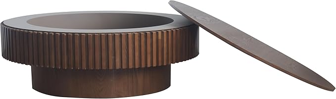 39.37 Inch Round Drum Coffee Table with Storage, Handcraft Fluted Drum Coffee Table, Modern Wooden Round Coffee Table Center Table with Sturdy Pedestal for Living Room Apartment(Walnut)