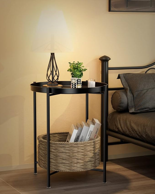 EKNITEY Small Side End Table - Metal Side Table Waterproof Small Sofa Coffee Side Tables Bedroom Indoor Outdoor with Removable Tray for Living Room Bedroom Balcony and Office