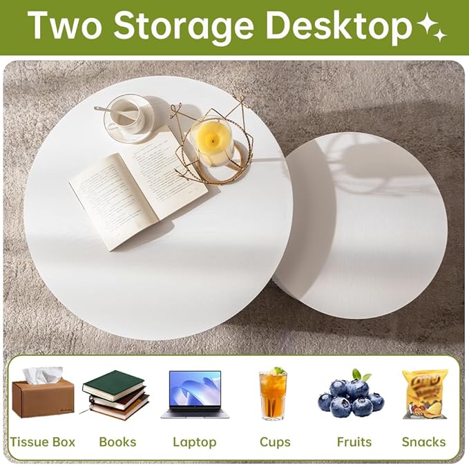 Round Nesting Coffee Table Set of 2 Small Round Coffee Tables for Living Room Modern Fluted Coffee Table Circular End Table Side Table for Small Spaces No Assembly (White A, 27 in)