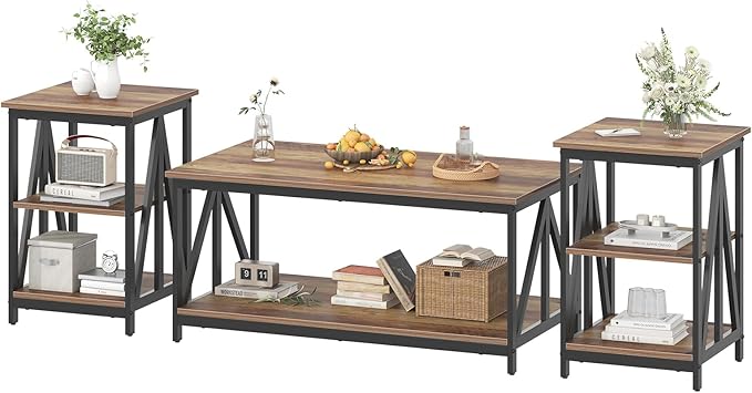 Bigbiglife Living Room Coffee Table Set of 3, Industrial Triangular-Design Coffee Table and 2 End Side Tables, 3 Piece Living Room Table Set with Large Storage for Apartment Home (Rustic Brown)