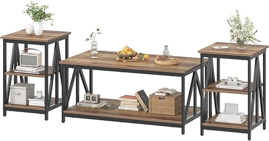 Bigbiglife Living Room Coffee Table Set of 3, Industrial Triangular-Design Coffee Table and 2 End Side Tables, 3 Piece Living Room Table Set with Large Storage for Apartment Home (Rustic Brown)