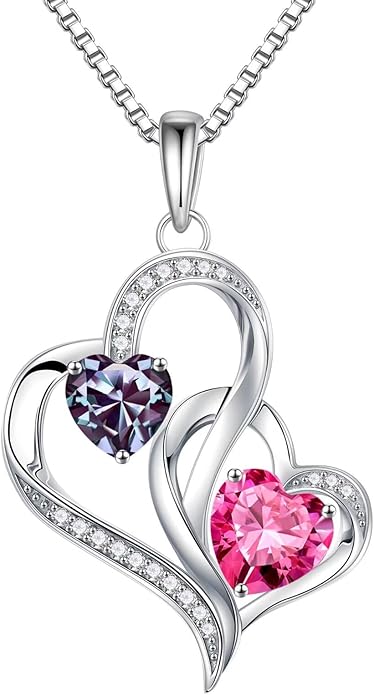 Iefil Christmas Gifts for Women - Double Heart Birthstone Necklace, 925 Sterling Silver Heart Pendant Necklace, Anniversary Birthday Gifts for Women | Personalized Jewelry Gift for Wife Mom Girlfriend