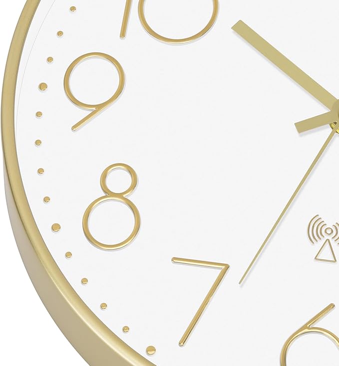 Foxtop Atomic Wall Clock Battery Operated Round Analog Modern Wall Clock Sets Automatically for Office Classroom Bedroom Kitchen Living Room (Gold)